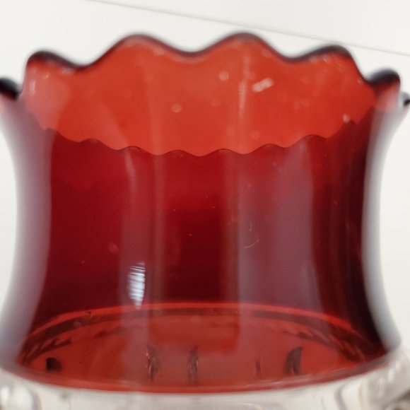 Vintage MCM Cranberry Glass Bowl Vase Candleholder Scalloped Ruffled Rim Regency - Picture 8 of 8